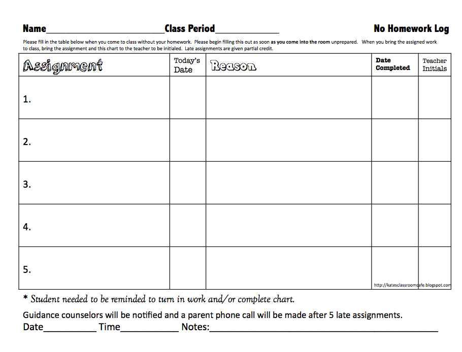 Homework log-in sheet